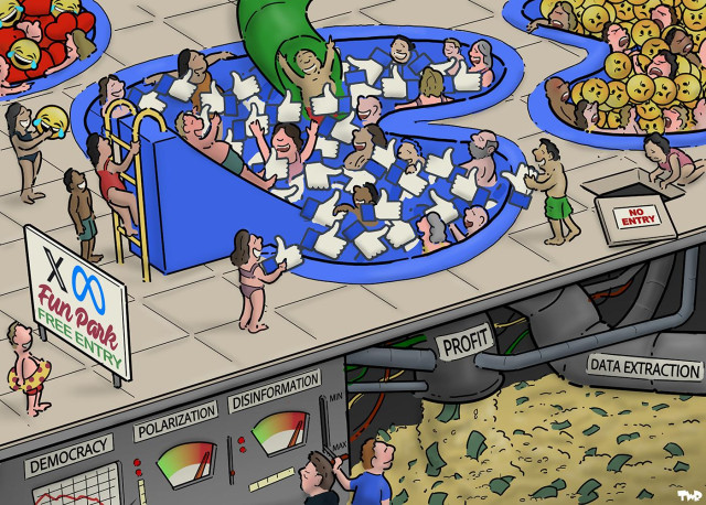Cartoon showing people swimming in several swimming pools, one filled with likes, another filled with angry emojis and another filled with hearts and LOL emojis. A sign at the entrance to the pool shows the Meta and X logo with the text 'Free entry'. Below the pools is a system of pipes and machinery. Two big pipes are labeled 'Profit' and 'Data extraction', while a machine shows gauges labeled 'misinformation' and 'polarization' that are going into the red.