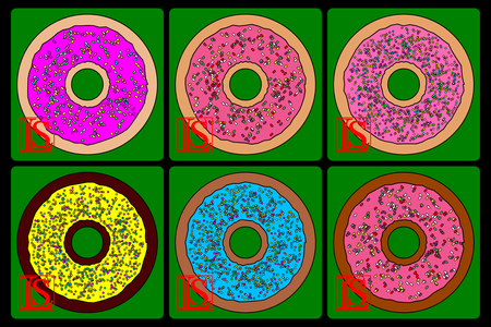Two Rows of donuts.

First row:
    A regular donut with purple frosting and colourful sprinkles
    A regular donut with pink frosting and colourful sprinkles
    A regular donut with hot pink frosting and colourful sprinkles

Second row:
    A dark chocolate donut with yellow frosting and colourful dots
    A milk chocolate donut with light blue frosting and colourful dots
    A chocolate donut with pink frosting and colourful sprinkles