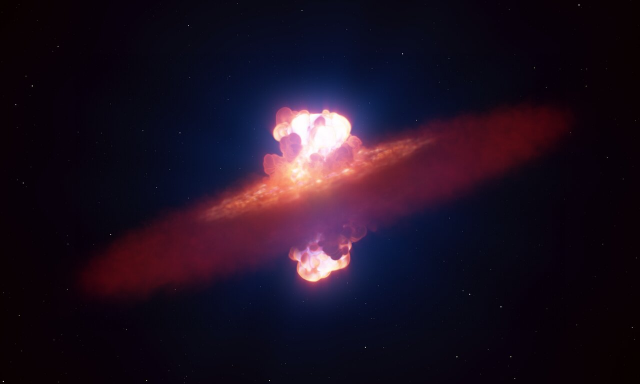 A digital illustration of a star going supernova, surrounded by a gaseous disc in orange and red tones. The star is seen exploding in an olive shape, directed above and below the star.