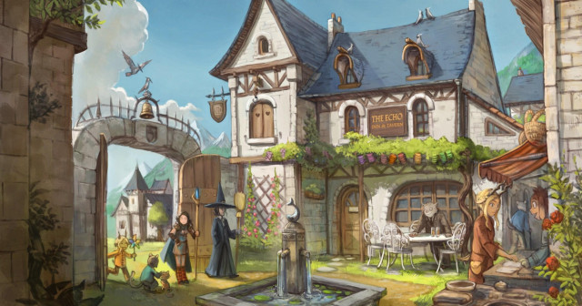 A digital painting in the fantasy comic book style of a village courtyard, the large village gate, a square with a fountain, children playing, a large inn with a tavern keeper cleaning tables in the sunshine, merchants and their customers all around. The atmosphere is sunny and positive. The characters Pepper, Carrot, and Cayenne enter through the gate. This is a panel of the episode.