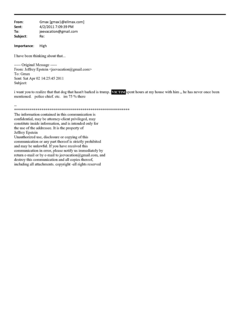 Emails between Jeffrey Epstein & Ghislaine Maxwell. Epstein: “I want you to realize that that dog that hasn’t barked is Trump.” Maxwell reply: “I have been thinking about that.”