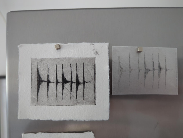 Drypoint print of a audio waveform.