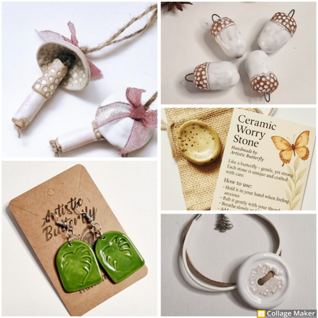 A photo collage of some of the ceramic pieces made by Artistic Butterfly:
Mushroom hanging decorations, green leaf earrings, acorn hanging decorations, a worry stone and a white Christmas bracelet