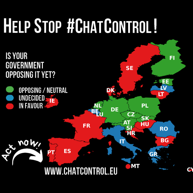 A Help Stop #ChatControl! Poster, the post includes a map of the EU member states and whether or not they are opposing, undecided or infavour of the legislation.