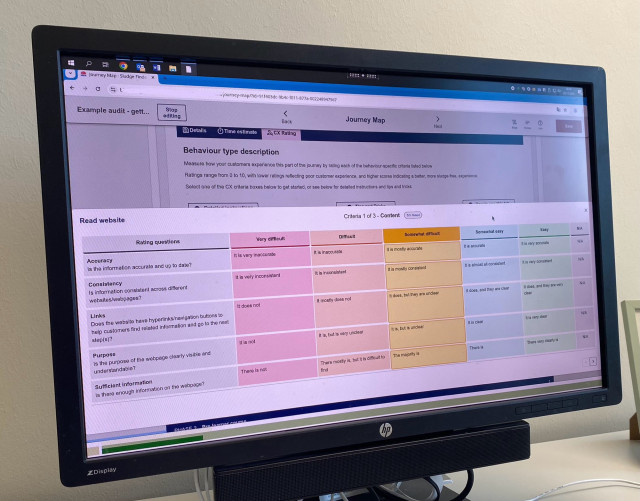 A complex web based software tool on a computer screen showing 5 criteria for the journey step ‘read website’ — accuracy, consistency, links, purpose, sufficient information each to be rated on a 5-point scale ranging from very difficult to easy