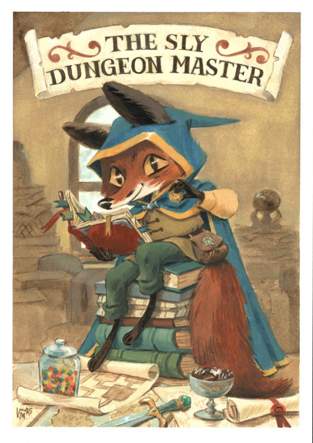 Painting of a fox with a hooded cloak, a grimoire and a D20. A scroll reads "The sly dungeon master". By Victoria Maderna.