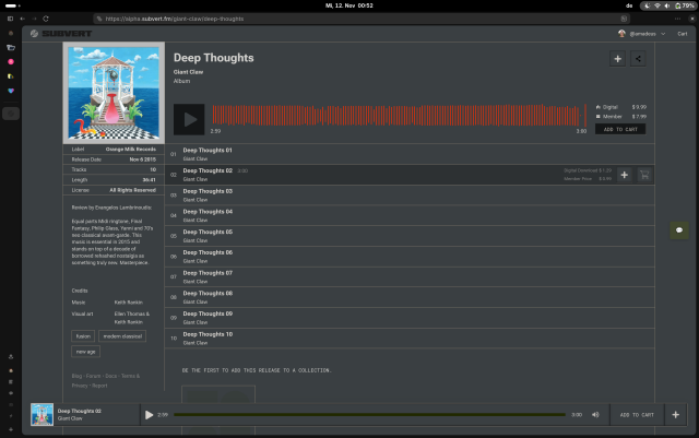 The screen grab shows the album "Deep Thought" by Giant Claw on the alpha version of Subvert on my Linux laptop running GNOME on Arch Linux.