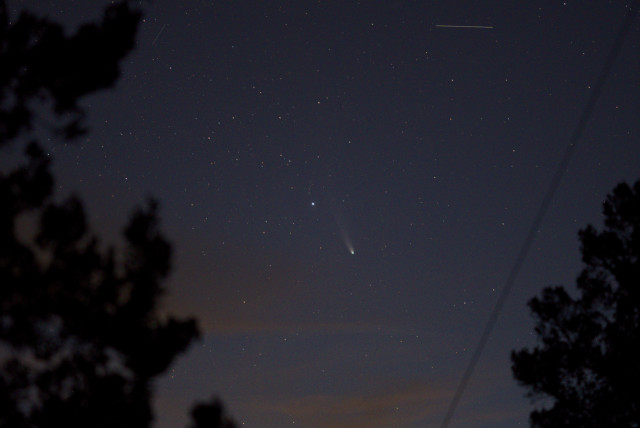 The comet is sporting a whitish dust tail in this evening twilight image. The blue ion tail does not show because this is a single, short exposure and the lingering blue of twilight overwhelms the ion tail.

The brightest star near the comet is η Ophiuchi, also known as Sabik.

A few cirrus clouds are in the starry twilight sky, but they don't mask the comet or its tail.