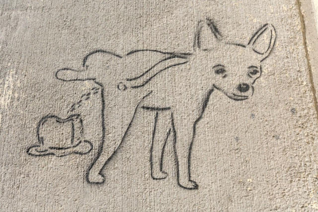 A black line drawing on concrete depicting a small chihuahua like dog that is facing toward the right. The dog lifts its rear leg away from the camera and pees on what looks like a hat but could also be a wall that the urine is running down.