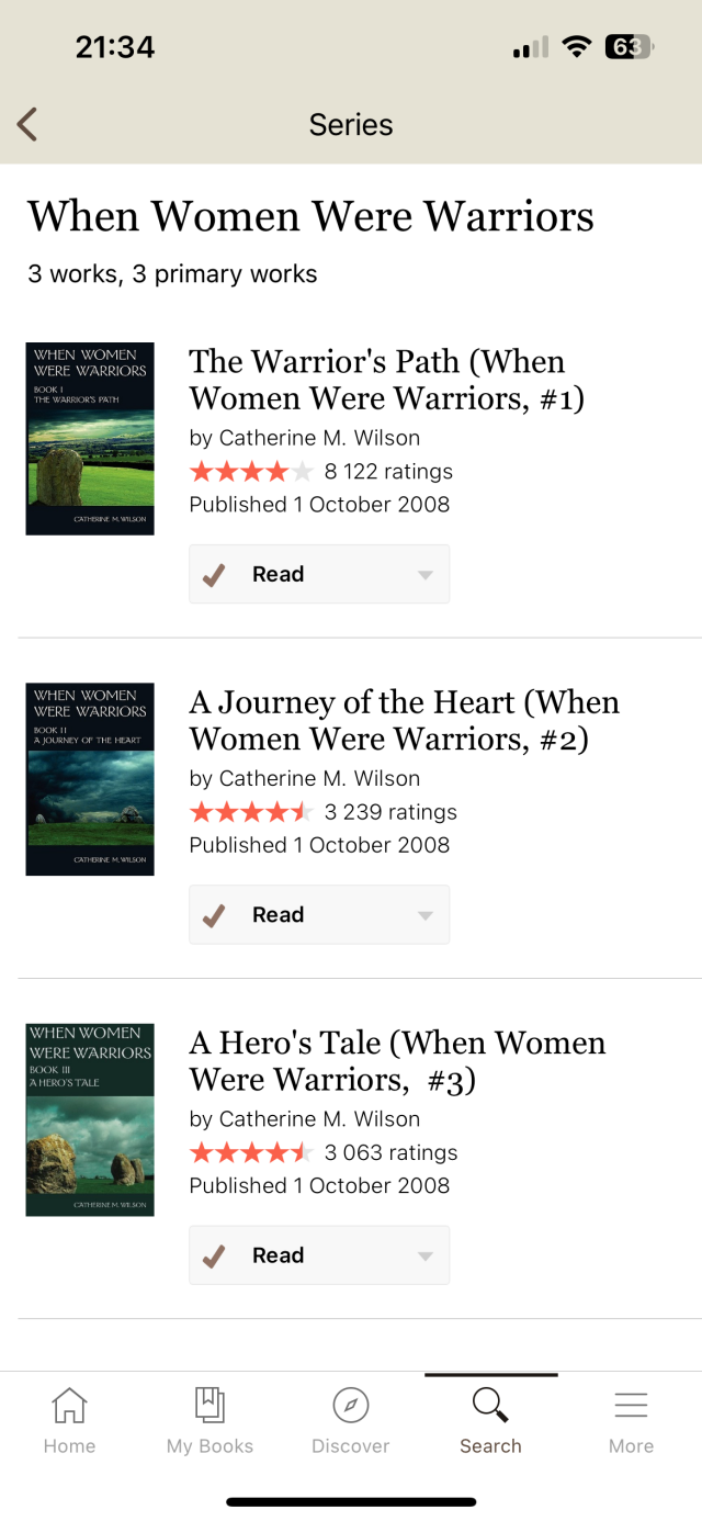 Skärmdump över de tre böckerna i serien When Women Were Warriors av Catherine M. Wilson.
1. The Warrior’s Path
2. A Journey of the Heart
3. A Hero’s Tale