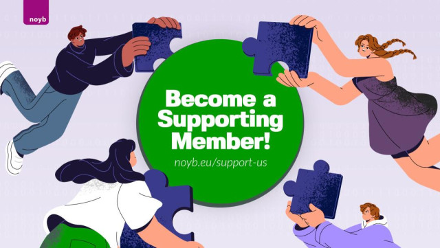 Illustration depicts a group of people happily connecting puzzle pieces. Text says "Become a Supporting Member! Go to noyb.eu/support-us
