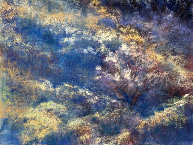 Very textured pastel landscape painting. Abstracted. The lights fall onto the hillside, illuminating grasses, brushes, and trees in light yellows and violets. Shadows are in blue. 