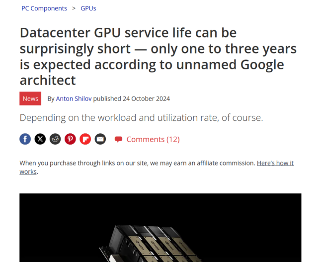 A screenshot of a title of the following article:

https://www.tomshardware.com/pc-components/gpus/datacenter-gpu-service-life-can-be-surprisingly-short-only-one-to-three-years-is-expected-according-to-unnamed-google-architect

The title states:

> Datacenter GPU service life can be surprisingly short — only one to three years is expected according to unnamed Google architect
