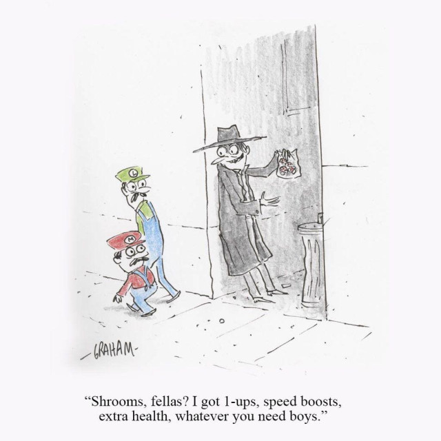 A cartoon illustration of the Mario bros being solicited by a drug dealer in an alley. Caption reads "Shrooms, fellas? I got 1-ups, speed boosts, extra health, whatever you need boys."