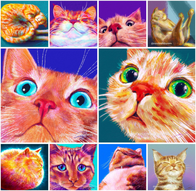 Compilation of 10 paintings of ginger cats. From top left to bottom right, the paintings are: Shrimp Cat, Smug, Peekaboo, Cat in Boat Pose, No Thoughts, Green Eyes, Loaf, Melancholy, Chonk, and Content Kitty.