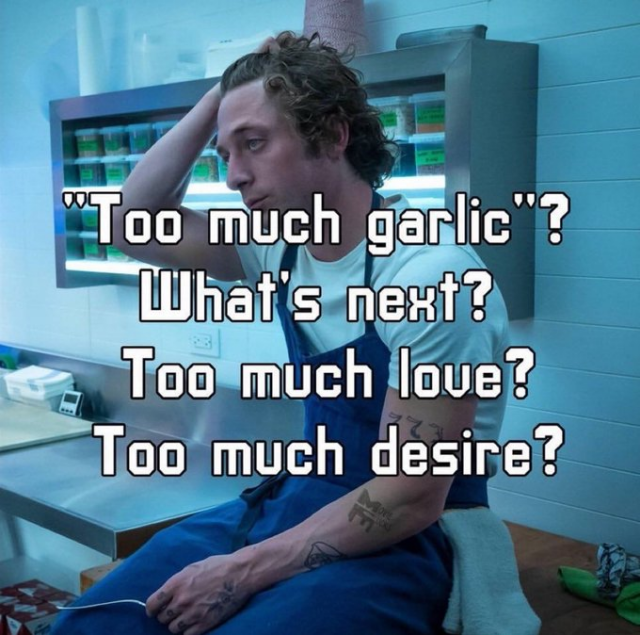 A meme showing Jeremy Allen White as Carmy from "The Bear," sitting in a kitchen and looking stressed with a hand in his hair. The text overlaid reads: "'Too much garlic'? What's next? Too much love? Too much desire?"
