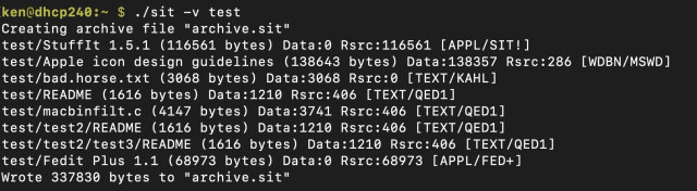 A Terminal window is showing the results of the command `sit -v test`. This is creating a StuffIt archive from a folder named "test", with verbose output. The output shows a series of files and subfolders being archived. At the end, the last line says `Wrote 337830 bytes to "archive.sit"`