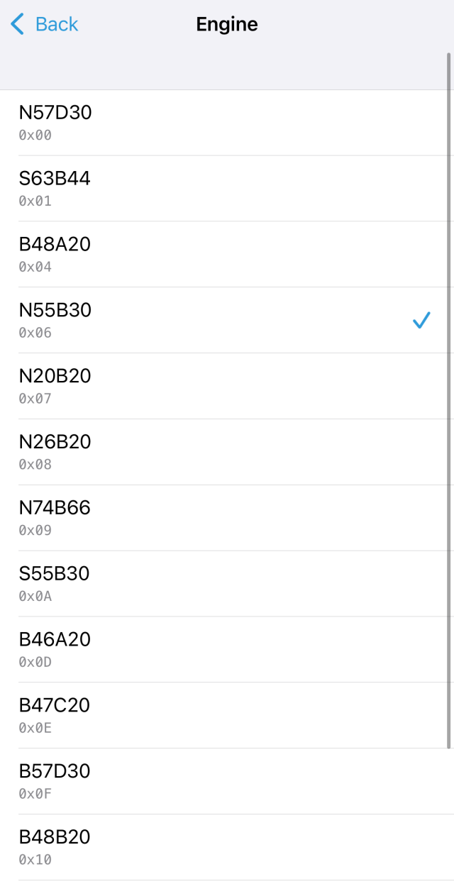 A screenshot of a configuration app showing various BMW engine models.