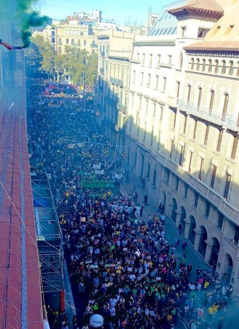 Aerial image of thousands of protesters filling the streets of Barcelona