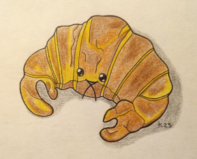 A cartoon style drawing of a croissant as a crab with beady black eyes, feelers and a pair of pincers.
