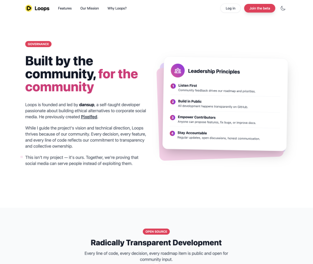 Screenshot of the new joinloops.org website, showing the new governance page.