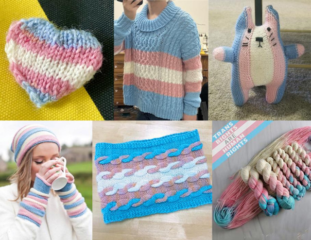 Collection of knitting projects: 
1.All the colours of Pride heart badge knit in blue, pink, and white stripes by Samuele Scomparin.
2. Chloe Sweater is a cowl-necked pullover with cables. Original design by Amy Miller. Pictured project by GazeboNinja in blue, pink, and white stripes.
3. Ariane the Cat is a toy cat with vertical stripes. Designed by Steffi Hochfellner. Pictured project by seisaacson in blue, pink, and white stripes.
4. Floppy Ridged Beanie and Mitts with blue, pink, and white stripes.  Designed by Julie Ferguson.
5. Transitions Trans Pride Cowl with blue, pink, white two color cable stripes by Elizabeth L. Schell. 
6. Transgender Flag Yarn with a variety of yarn weights from lace to bulky weight. From BlueBarnFiber.