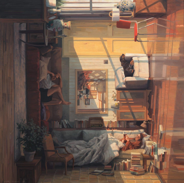 a surreal painting by Cinta Vidal of the interior of a home in which furnishings and scenes take place both on the floor and upside-down on the ceiling