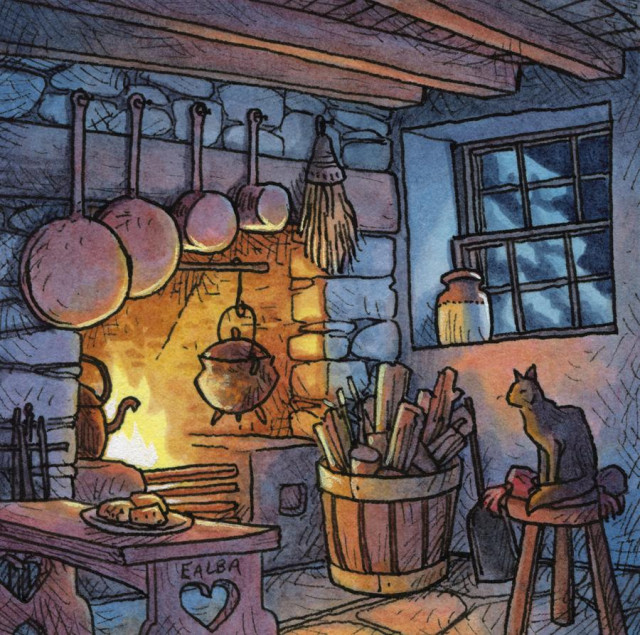 An ink and watercolor illustration of the interior room of an old cottage, the kitchen. There is a blazing hearth with pots and pans, a bench with a plate of scones, a barrel filled with more firewood, and a stool with a black cat sitting on top. Outside the window is night and a snow-covered fir tree.
