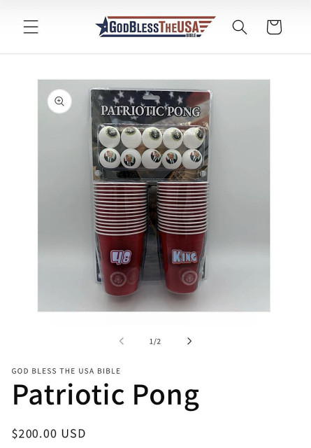 A ping pong game set with the plastic drinking cups have (EDITED) 48 and King on them. There is that (illegal?) Presidential seal on the cups.
Tbe balls have Trump's face.
The cost is $200.00 but that was EDITED too.