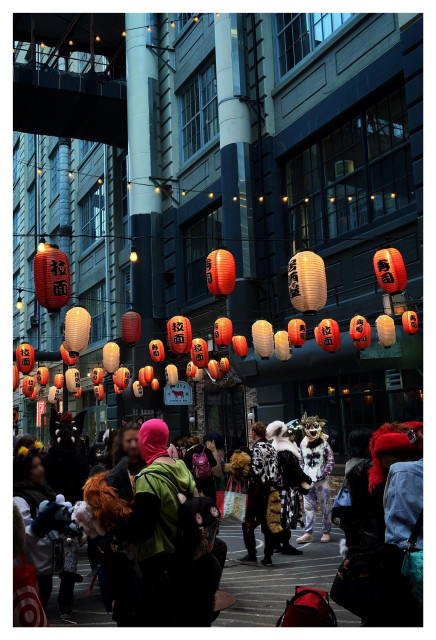 Photo of a courtyard surrounded by high-rise building facades, with wires of yellow lightbulbs and illuminated Japanese lanterns strung overhead. In the courtyard is a crowd of people milling about, many wearing (or carrying) oversized animal heads and fluffy tails or full-body fur suits.