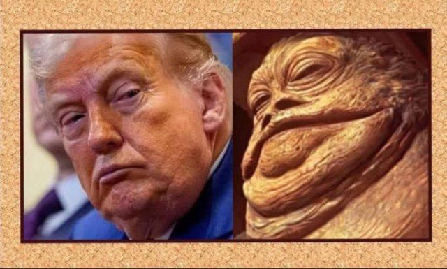 Photo of Trump and image of Jabba the Hutt looking identitcal.