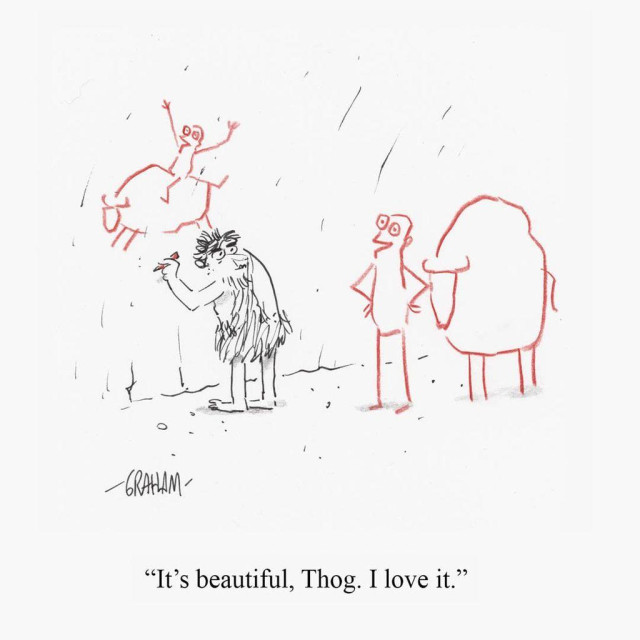 A cartoon illustration of a caveman finishing a drawing of a stick figure riding a bull and listening to a living stick figure with a bull talking to him. Caption reads "It's beautiful, Thog. I love it."