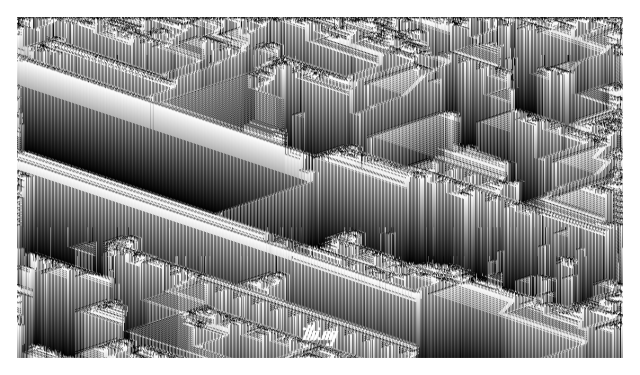 Abstract monochrome still image of a 1.5D cellular automata simulation, showing the evolution of almost geometric/architectural features from an initial seed generation of just noise.