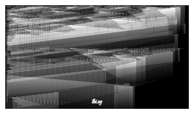 Abstract monochrome still image of a 1.5D cellular automata simulation, showing the evolution of almost geometric/architectural features from an initial seed generation of just noise.