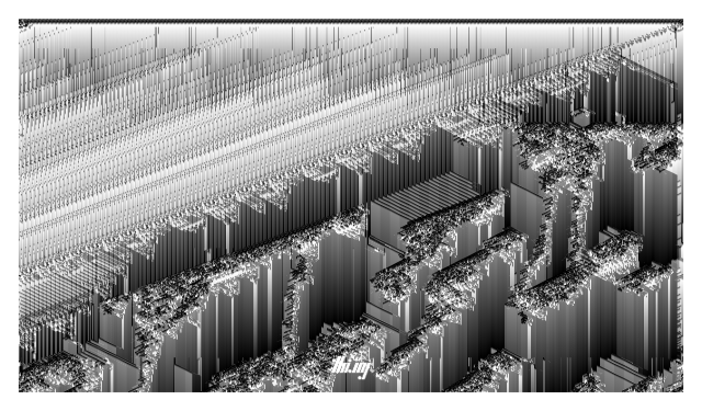 Abstract monochrome still image of a 1.5D cellular automata simulation, showing the evolution of almost geometric/architectural features from an initial seed generation of a regular pattern.