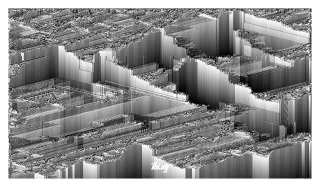 Abstract monochrome still image of a 1.5D cellular automata simulation, showing the evolution of almost geometric/architectural features from an initial seed generation of just noise.