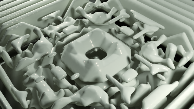 2D Cellular Automata visualized as smoothed 3D voxel mesh, rendered in LuxRender (2013). Each vertical slice of this structure is a single generation of the 2D simulation/animation...