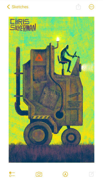 A person drives a bizarre contraption that looks like it is one bump in the road away from collapsing into a pile of rusty parts. The vehicle has four wheels like a car, but the front is slightly smaller than the rear. It is taller than it is long, with an open cockpit like a tractor and a heavy, L-shaped body. It looks like something between a farm machine and  a zamboni. The body is a dull rust-covered greenish brown, complex with beams, pipes, and patches. A red warning triangle is painted at the top; a yellow and black hazard strip is along one fender. It has a smokestack-like tailpipe, a glowing white light mounted on a pipe, and a headlight. The sky is a greenish-yellow; the ground is dark and shows evenly mowed grass. The painting is signed "Chris Silverman".