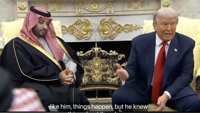 Mohammed bin Salman and Donald Trump in the Oval Office, before a background of gaudy fake-gold tat.