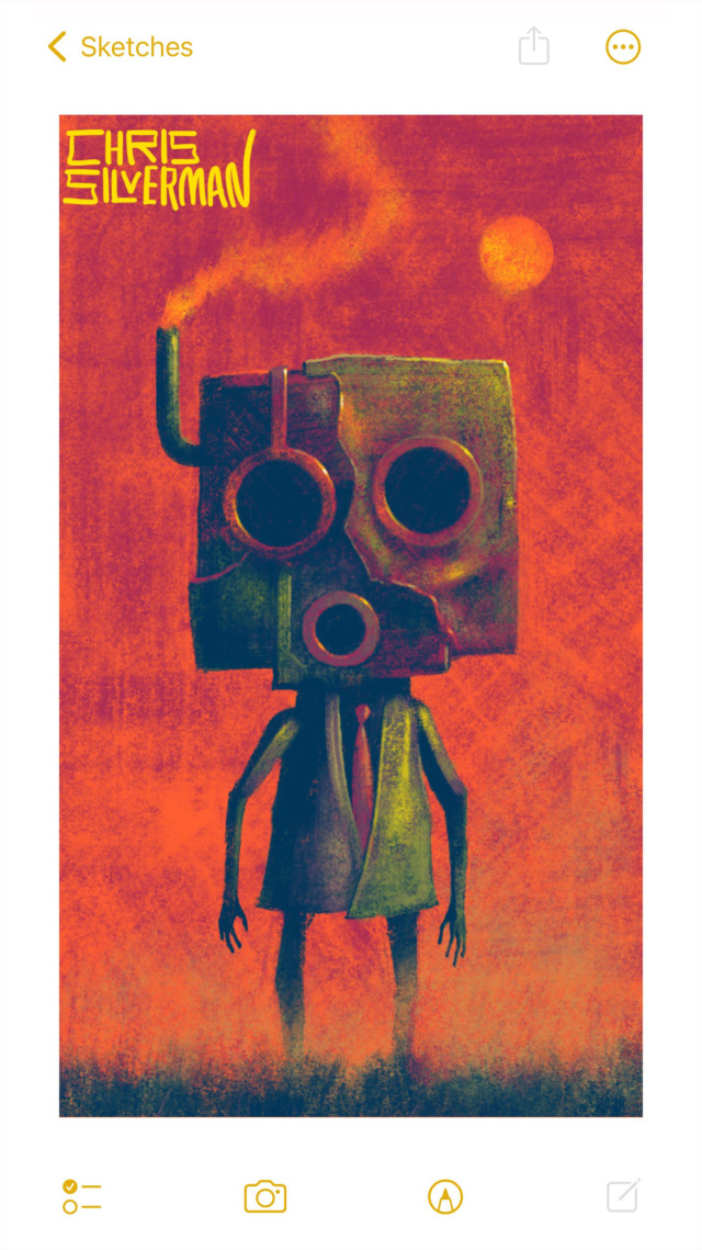 A small, strange figure wearing a metallic suit and giant mask stands against a reddish sky. The mask is a dull reddish-brass color, square, and made from several ragged chunks of metal welded together. It has two round holes for eyes and a smaller hole where the mouth would be. Each hole is very precisely machined, with a bezel around it. Sticking out of the right side of the mask is a small smoking chimney that looks like a snorkel tube. The figure's suit is also a tarnished brassy gold. Its arms are oddly long and thin, suggesting either a robot or an insect. A dull orange sun hangs in the sky. The painting is signed "Chris Silverman".