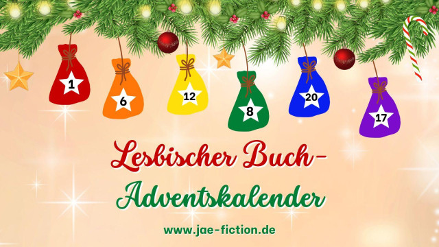 Lesbischer Buch-Adventskalender auf jae-fiction.de 

Gezeigt sind die Zweige eines Tannenbaums, an denen 6 bunte Säckchen in den Farben des Regenbogens hängen. 