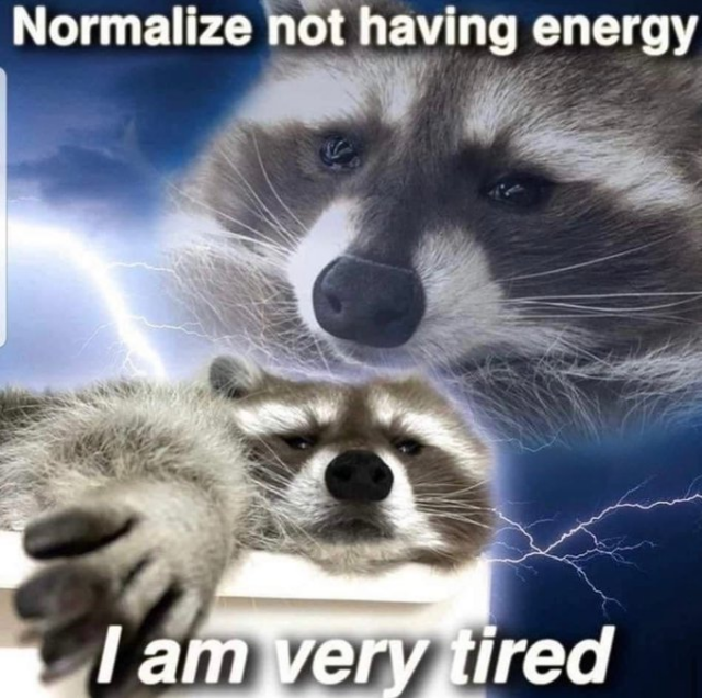A meme featuring two images of a raccoon against a dramatic blue, lightning-filled background. The top text reads, "Normalize not having energy," and the bottom text reads, "I am very tired."