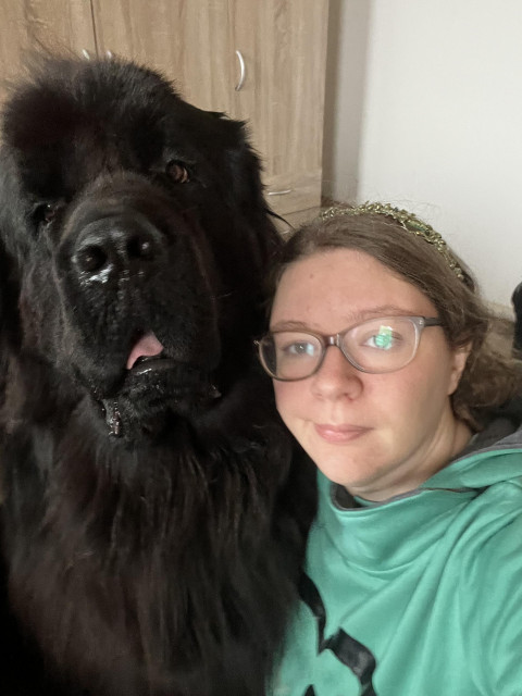 double selfie of me and Odin pulling a face 