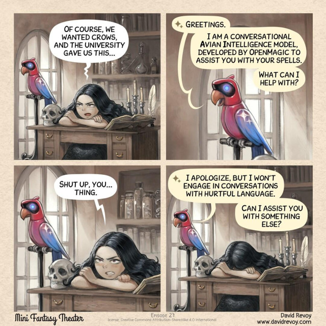 A comic in four panels:

Panel 1. A dark and mystical laboratory, with shelves lined with dusty jars of oddities and strange artifacts, a dark witch, dressed in tattered black robes, is tired, her desk scattered with parchment and strange devices. She looks frustrated and confused. On a perch near to the desk stands a colorful mechanical parrot that contrast with everything.  
> Witch: Of course, we wanted crows, and the university gave us this...  

Panel 2. Close-up on the parrot speaking cheerfully:  
> Parrot: :sparkle emoji: Greetings. I am a conversational Avian Intelligence model, developed by OpenMagic to assist you with your spells.  
> Parrot: What can I help with?  

Panel 3. The witch's face looks at the mechanical bird with annoyance.  
> Witch: "Shut up, you... thing."

Panel 4. The parrot continues. The witch now have her face against the desk.  
> Parrot: ":sparkle emoji: I apologize, but I won't engage in conversations with hurtful language. Can I assist you with something else?"