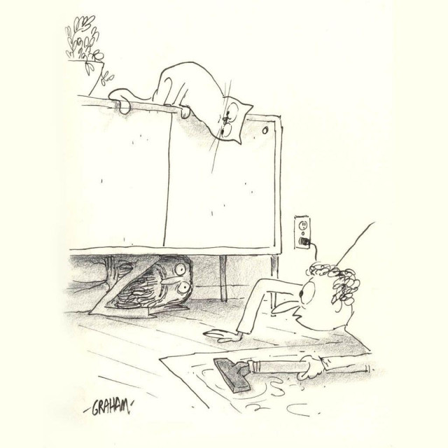 A cartoon illustration of a bearded man being discovered underneath a cabinet by a man vacuuming the floor. 