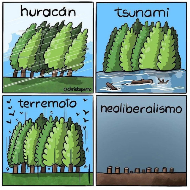 Cuatro imágenes: una se ven muchos árboles azotados por un huracán, en la segunda muchos árboles inundados por un tsunami, en otra por un terremoto. En la cuarta solo hay troncos de arboles cortados, afectados por el neoliberalismo. Ilustraciones en color