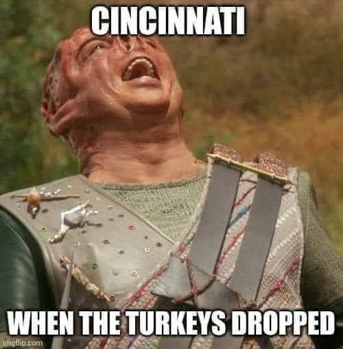 Dathon from SNG looking to the sky with the
title “Cincinnati when the turkeys dropped.”