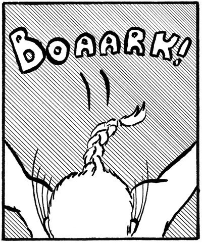 A black and white inked panel. A big "BOAARK!" sound effect is hovering at the top. A head is just disappearing outside the bottom of the panel.