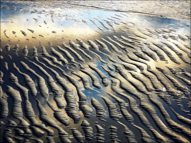 A colour photograph showing a light ripple from an ebbing tide reaching the shore of a blue golden beach with rippled sand. The wet sand reflects the late afternoon sky bringing a warm calmness to the scene.