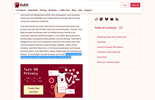 Screenshot of Tuta blog post stating they support native desktop clients for macOS, Linux, and Windows.